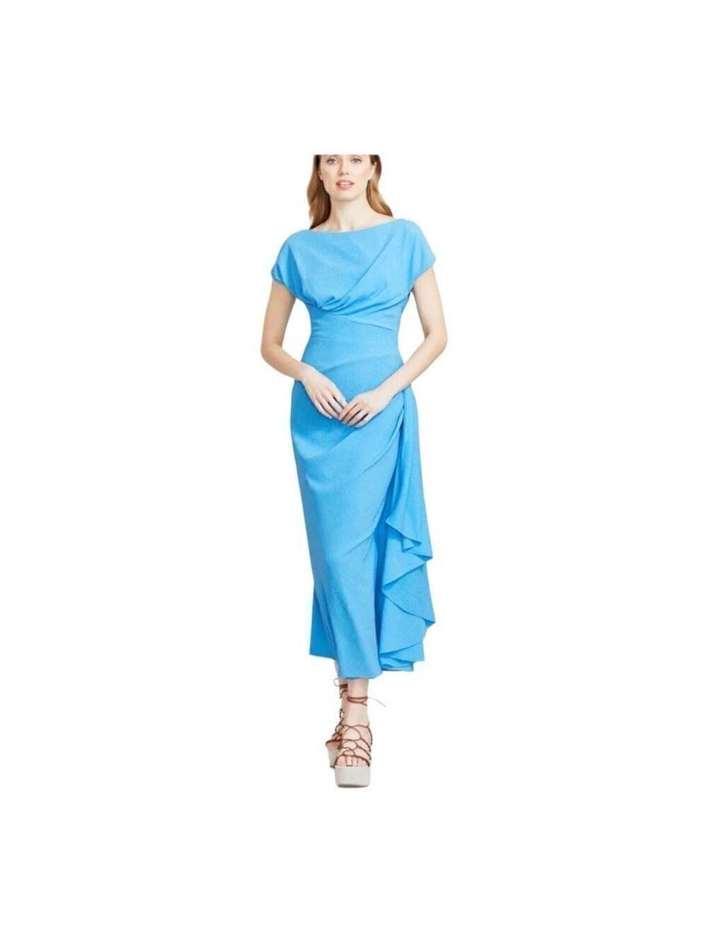 Lela Rose Blue Textured Crepe Side Ruched Midi Dress Size 6